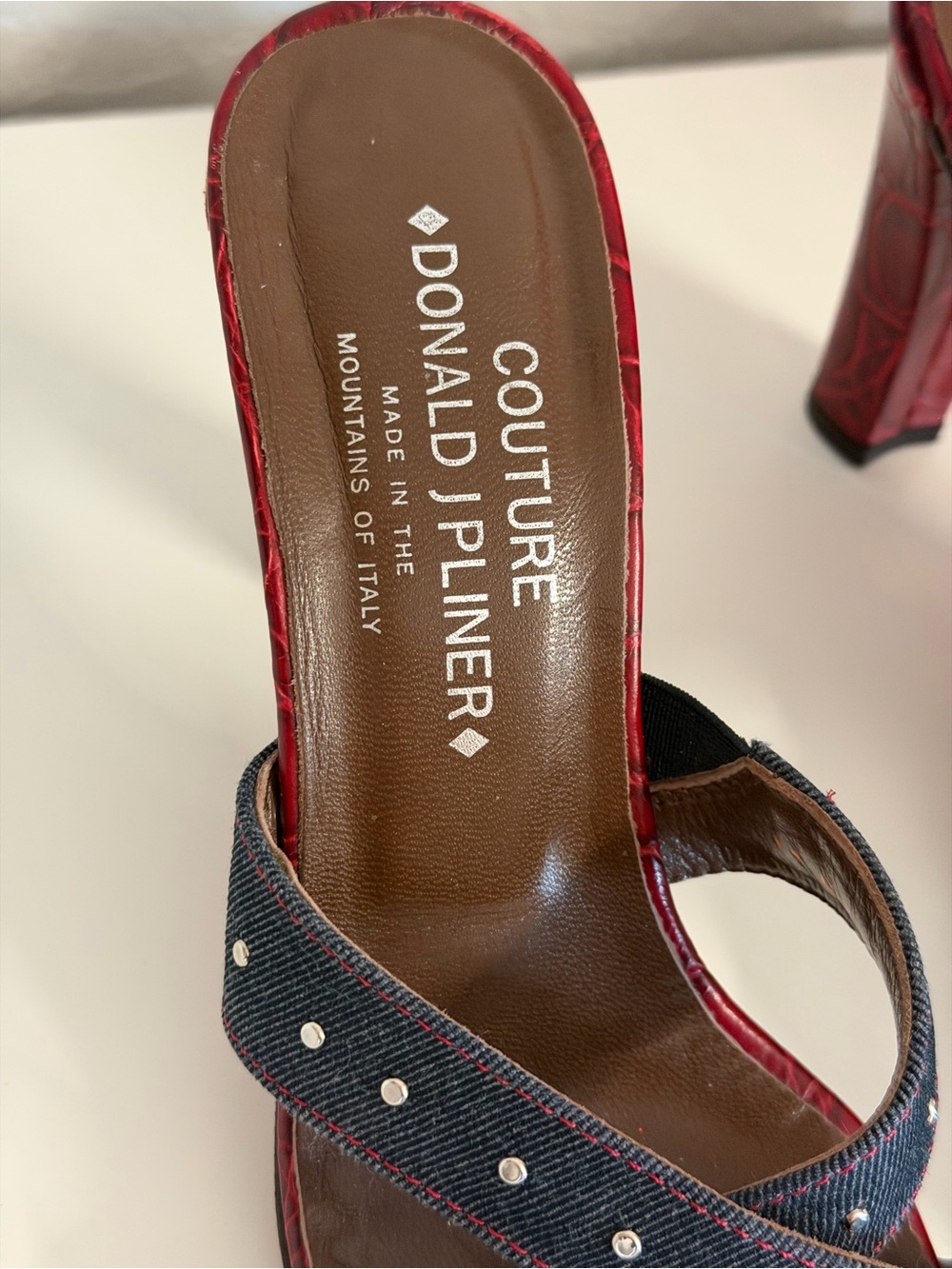 Donald J. Pliner | Red Croc-Embossed Denim Stud Mid-Heels - Picture 11 of 13